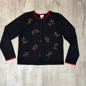 Christopher & Banks cotton Christmas embroidered holly & candy canes cardigan